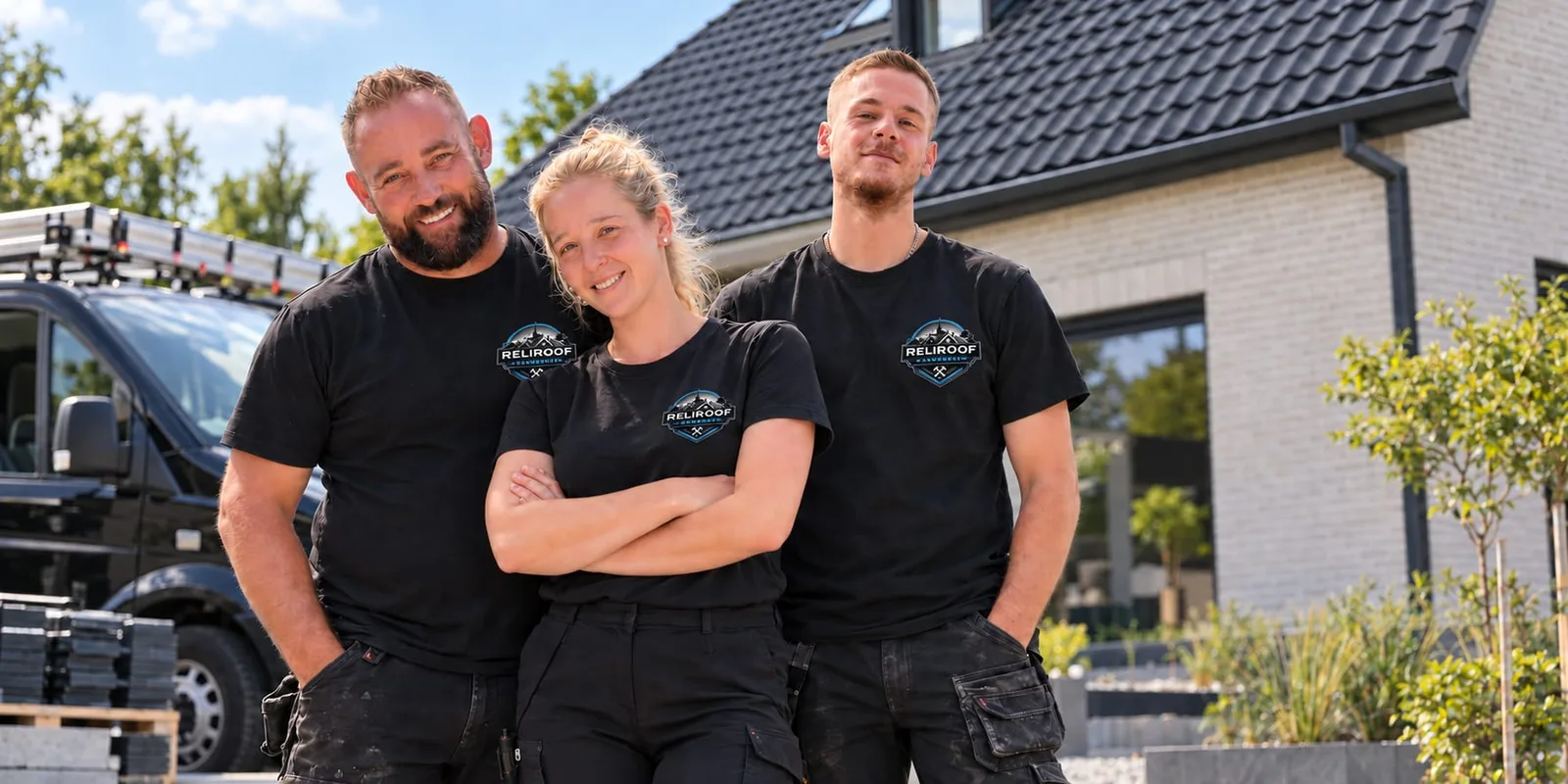 Steve, Shana en een medewerker van ReliRoof Dakwerken bij een woning
